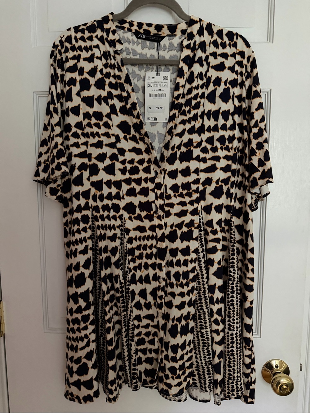 Zara Cream and Black Printed V-Neck Mini Dress